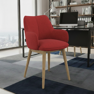scandinavian chair red wooden legs fabric upholstered armrests 2