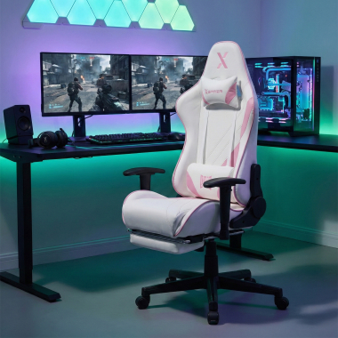 gaming chair white pink epic synthetic leather movable armrests lumbar and cervical cushion headrest extendable footrest 2