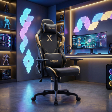 gaming chair yellow hero synthetic leather movable armrests lumbar and cervical cushion headrest 2