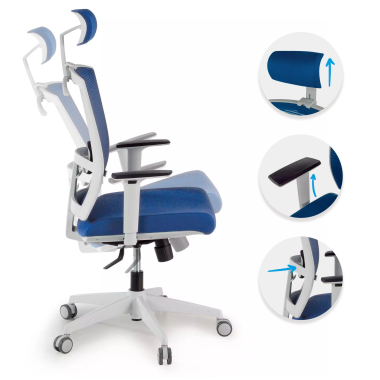 ergonomic chair white blue white frame headrest mesh 1d adjustable armrests lumbar support headrest 3