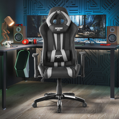 gaming chair gray spider synthetic leather movable armrests lumbar and cervical cushion headrest 2