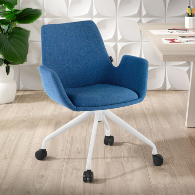 visitor chair white blue swivel with casters fabric upholstered armrests 2
